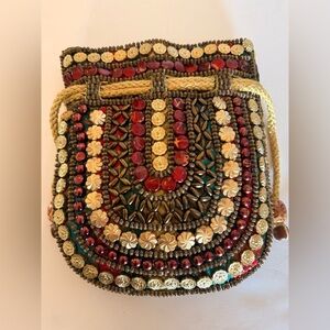 Bohemian Beaded Vibrant Red And Gold Drawstring Closure Small Unique Bag